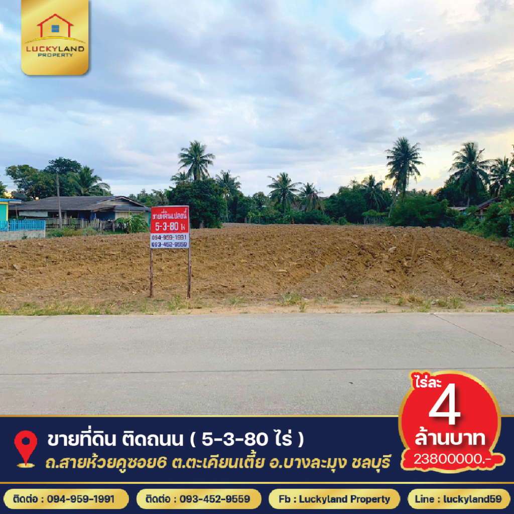 ขาย ที่ดินติดถนน (เนื้อที่5-3-80ไร่) ถนนสายห้วยคู ซอย 6 บางละมุง ชลบุรี